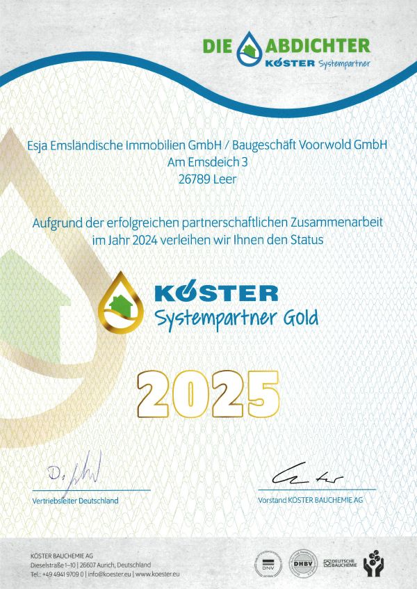 Urkunde KÖSTER Systempartner Gold 2025